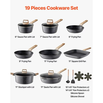 19 Piece Granite Nonstick Cookware Set Black Induction Compatible Kitchen Pots and Pans