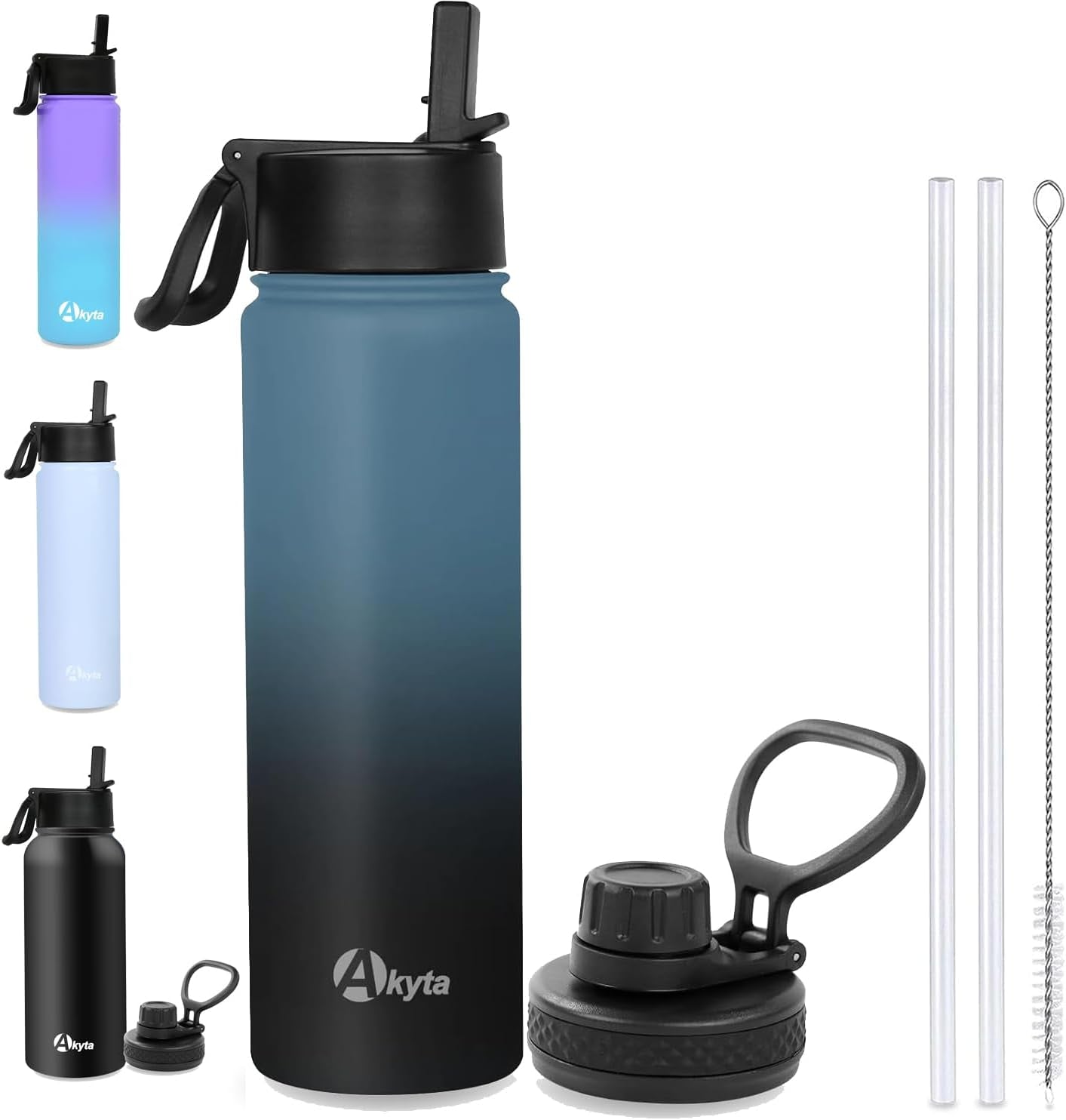 24 Oz Water Bottle, Sports Water Bottle with Straw Lid, Spout Lid, Vacuum-Insulated Stainless-Steel,Double-Walled Water Bottle for Hiking Biking (24 Oz, Indigo Black)