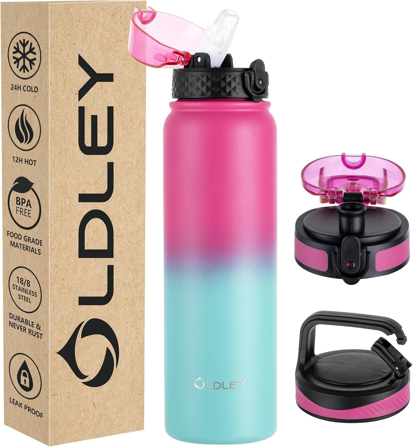 Insulated Water Bottle 12Oz Water Bottles with Straw, Stainless Steel Water Bottle with 2 Lids, Double Wall Vacuum Bottels for Adults Kids, Leak-Proof Sport Bottles for School Travel, Black