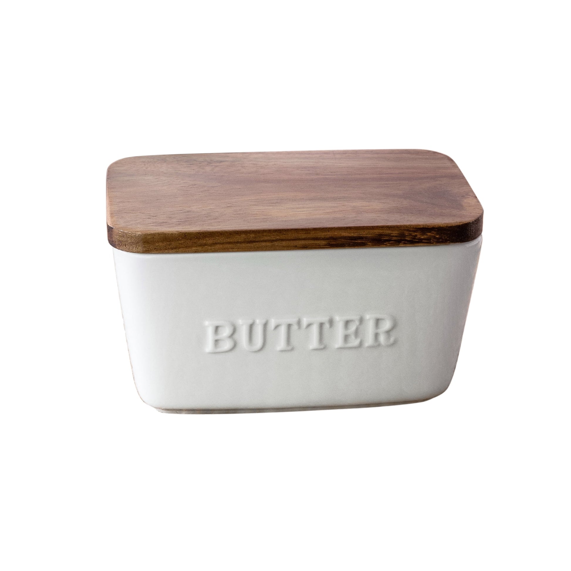 - White and Acacia Wood Porcelain Embossed Butter Dish