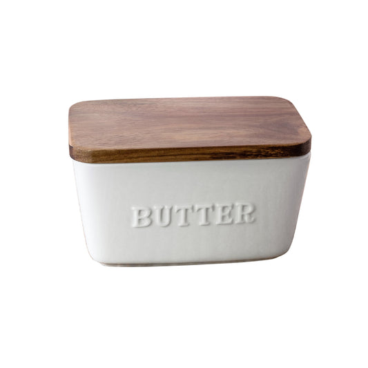 - White and Acacia Wood Porcelain Embossed Butter Dish
