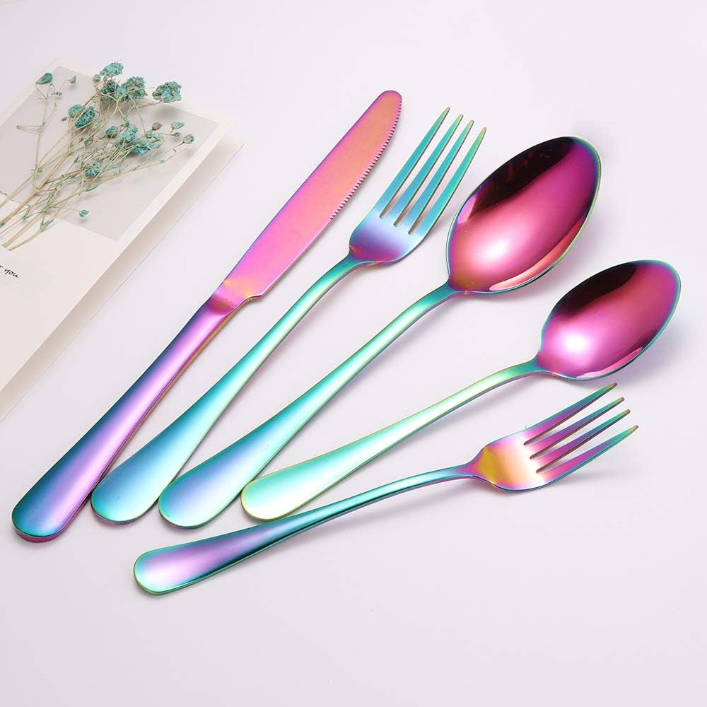 20 Pcs Rainbow Silverware Set Service for 4,Premium Colorful Stainless Steel Flatware Set,Mirror Polished Cutlery Eating Utensil Set,Include Fork Knife Spoon Set,Dishwasher Safe
