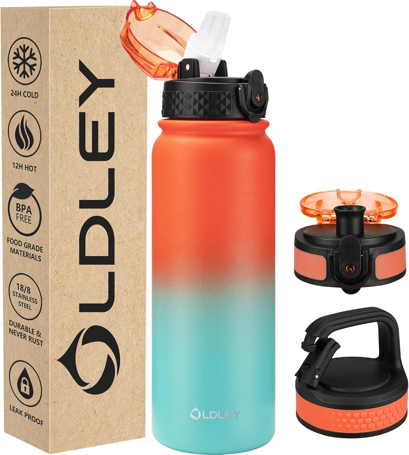 Insulated Water Bottle 12Oz Water Bottles with Straw, Stainless Steel Water Bottle with 2 Lids, Double Wall Vacuum Bottels for Adults Kids, Leak-Proof Sport Bottles for School Travel, Black