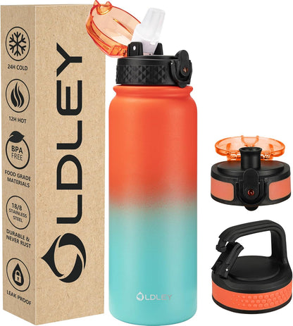 Insulated Water Bottle 12Oz Water Bottles with Straw, Stainless Steel Water Bottle with 2 Lids, Double Wall Vacuum Bottels for Adults Kids, Leak-Proof Sport Bottles for School Travel, Black