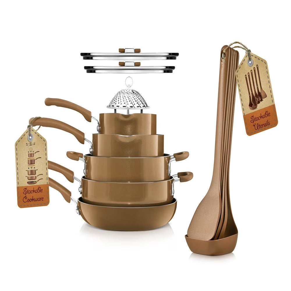 17 Piece Non-Stick Cookware Set, Pots & Pans with Foldable Knob, Space Saving, Stackable, Nylon Tools Set, Induction Base, Brown