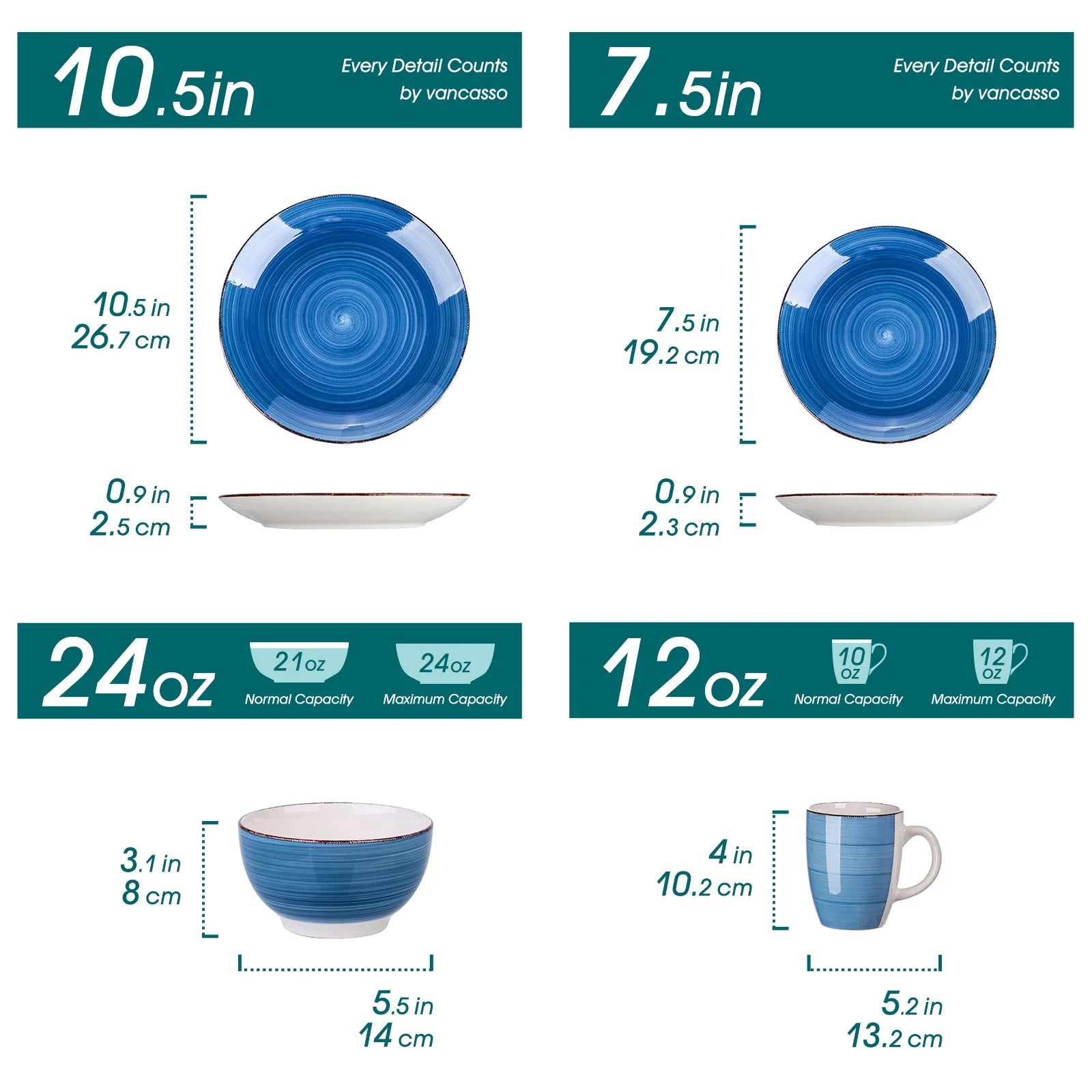 , Series Bella, 32 Piece Stoneware Dinnerware Set, Blue Dinner Set, Service for 8