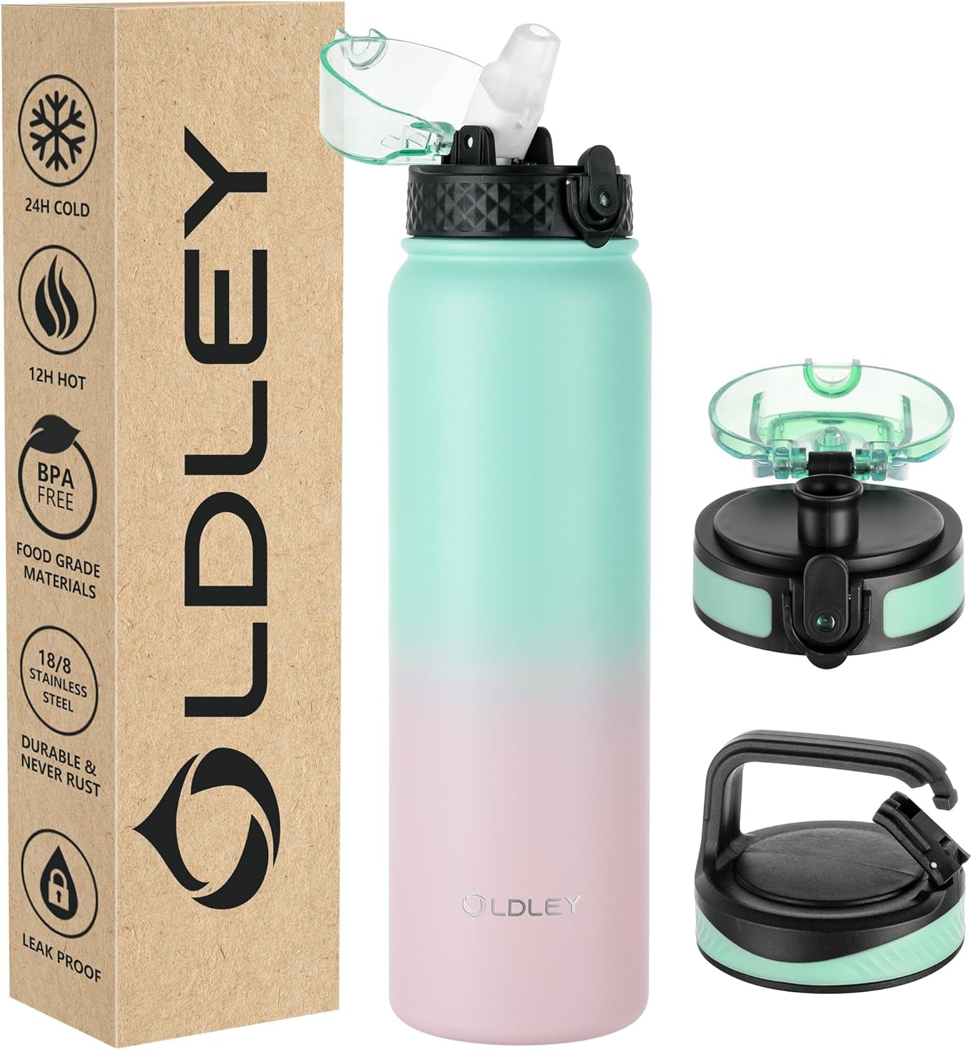 Insulated Water Bottle 12Oz Water Bottles with Straw, Stainless Steel Water Bottle with 2 Lids, Double Wall Vacuum Bottels for Adults Kids, Leak-Proof Sport Bottles for School Travel, Black