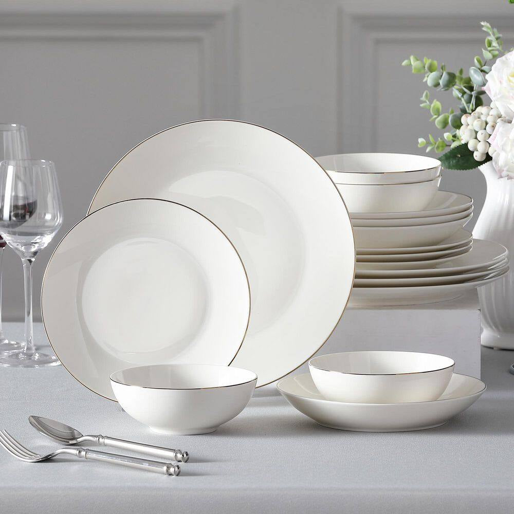 Jera 16-Piece White with Gold Trim Bone China Dinnerware Set (Service for 4)