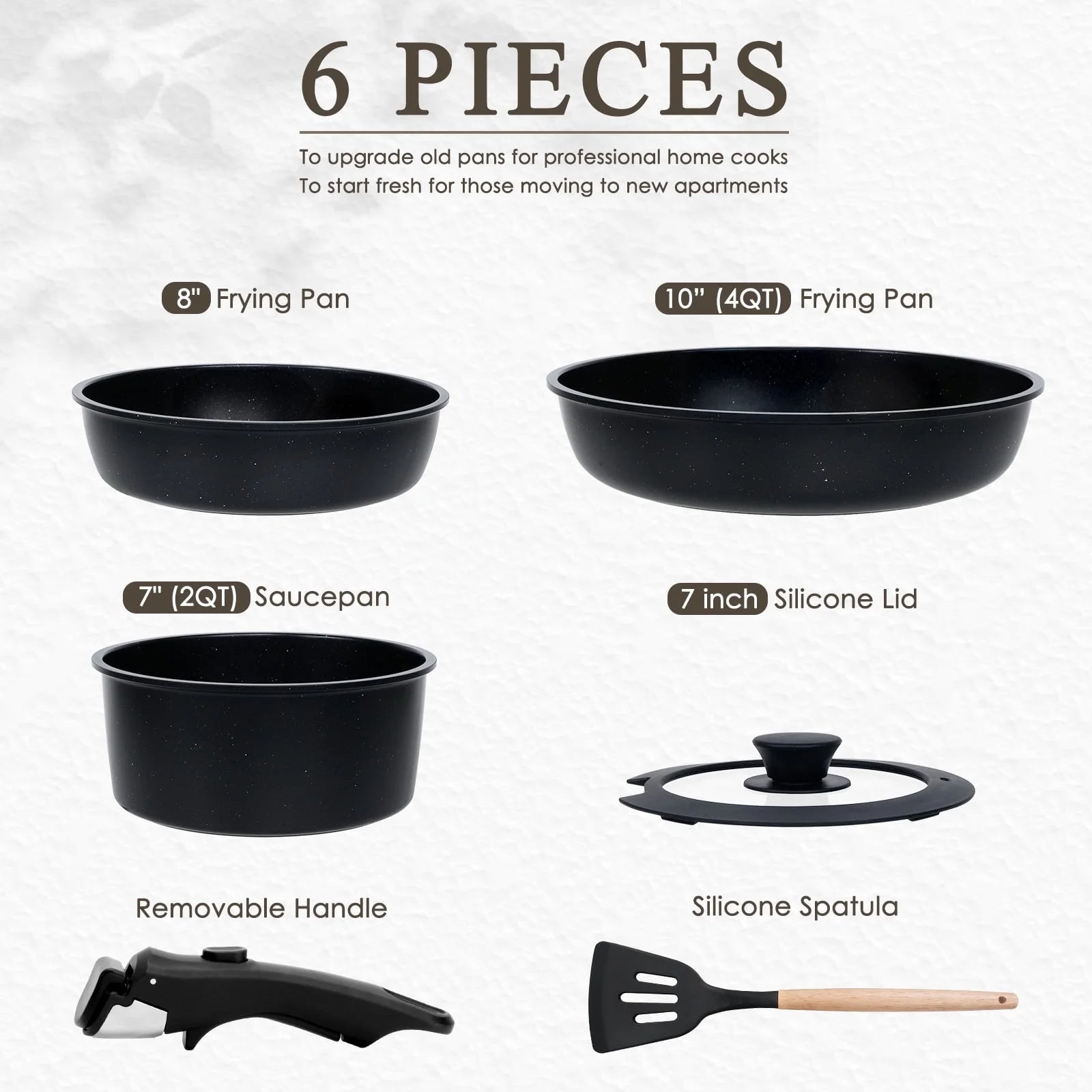 Pots and Pans Set, 6 Pcs Nonstick Pots and Pans with Removable Handle, Space-Saving Cookware Set for RV & Camping, Dishwasher and Oven Safe, Black