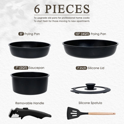 Pots and Pans Set, 6 Pcs Nonstick Pots and Pans with Removable Handle, Space-Saving Cookware Set for RV & Camping, Dishwasher and Oven Safe, Black