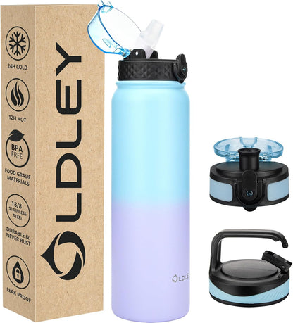 Insulated Water Bottle 12Oz Water Bottles with Straw, Stainless Steel Water Bottle with 2 Lids, Double Wall Vacuum Bottels for Adults Kids, Leak-Proof Sport Bottles for School Travel, Black