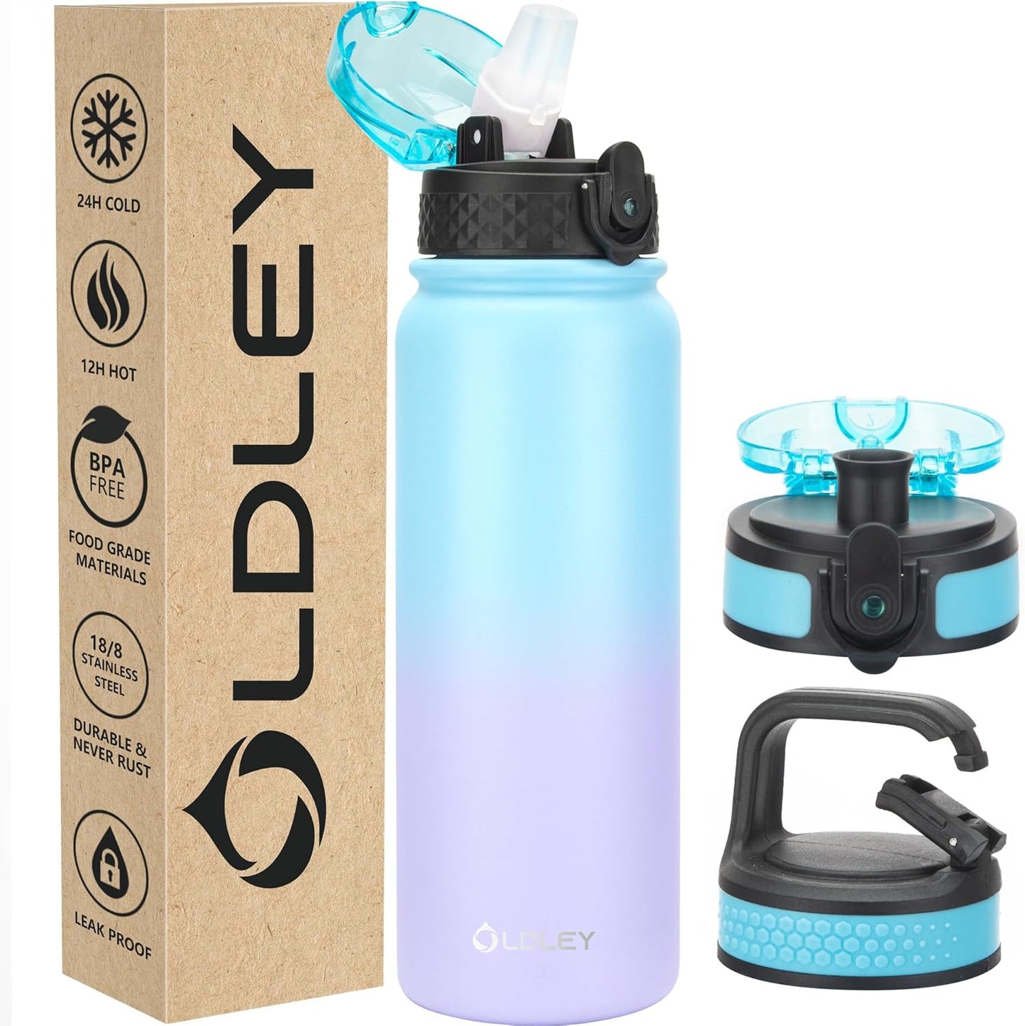 Insulated Water Bottle 12Oz Water Bottles with Straw, Stainless Steel Water Bottle with 2 Lids, Double Wall Vacuum Bottels for Adults Kids, Leak-Proof Sport Bottles for School Travel, Black