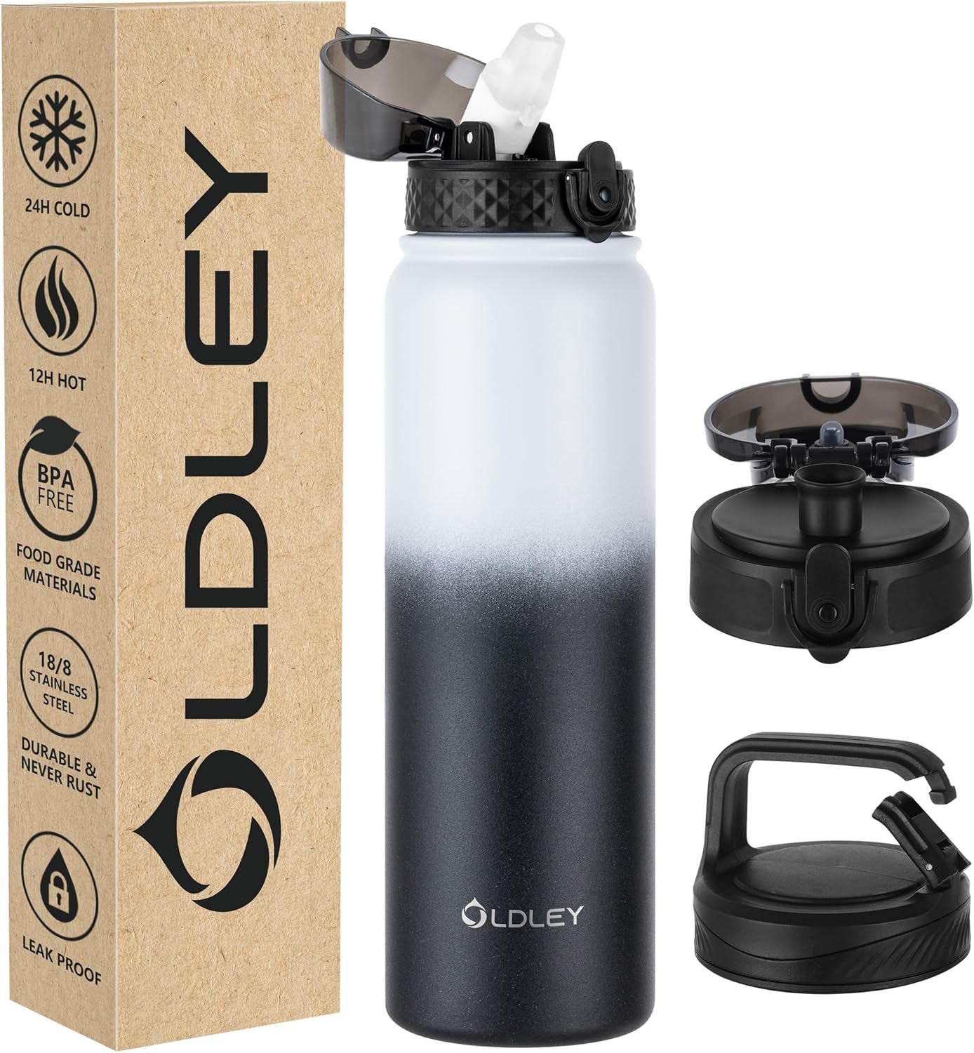 Insulated Water Bottle 12Oz Water Bottles with Straw, Stainless Steel Water Bottle with 2 Lids, Double Wall Vacuum Bottels for Adults Kids, Leak-Proof Sport Bottles for School Travel, Black