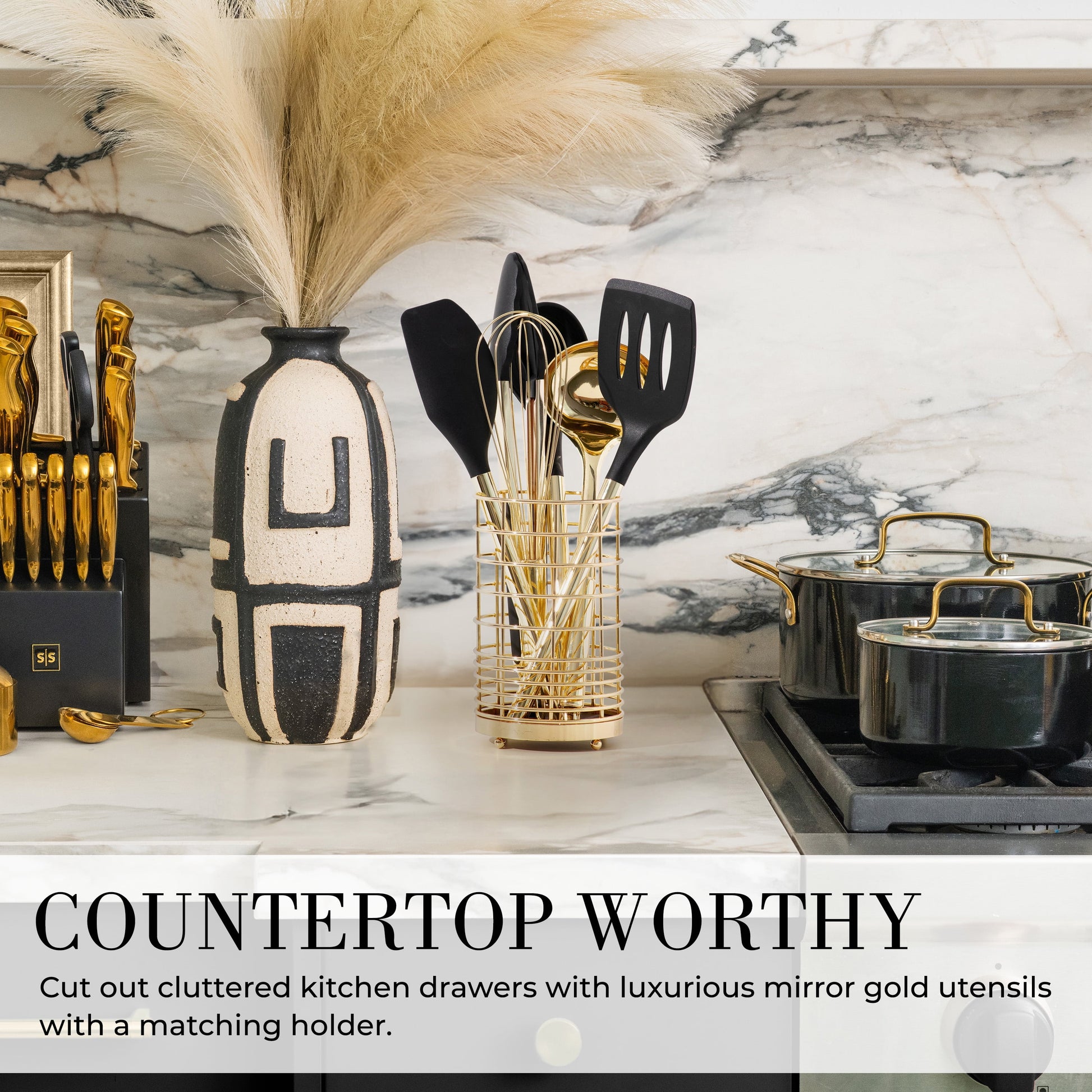 7PC Black and Gold Cooking Utensils Set with Holder - Black and Gold Kitchen Accessories