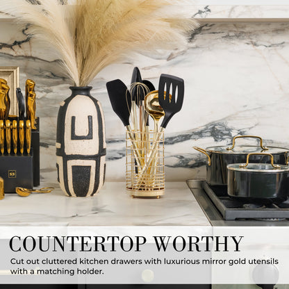 7PC Black and Gold Cooking Utensils Set with Holder - Black and Gold Kitchen Accessories