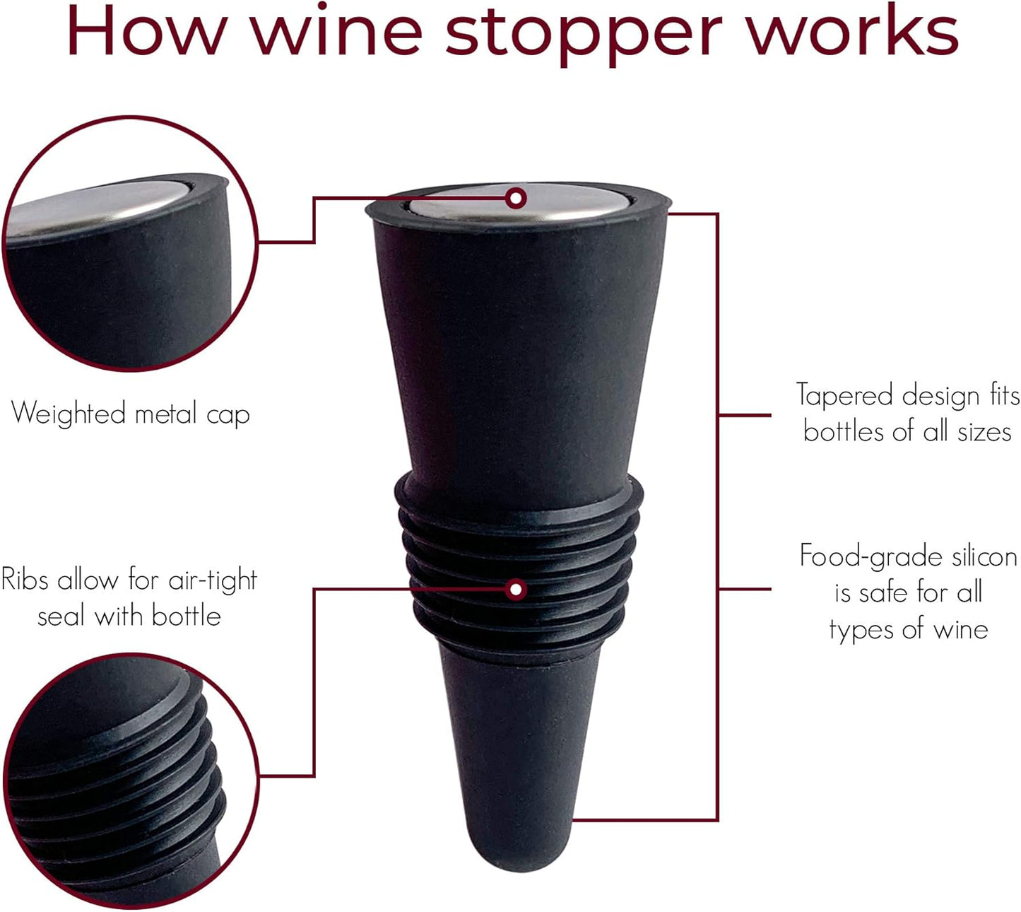 Wine Aerator Pourer and Wine Stopper (2-Pack) - Wine Saver - Wine Aerator and Re-Corker - Gift Box Included (Black)