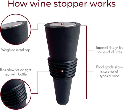 Wine Aerator Pourer and Wine Stopper (2-Pack) - Wine Saver - Wine Aerator and Re-Corker - Gift Box Included (Black)