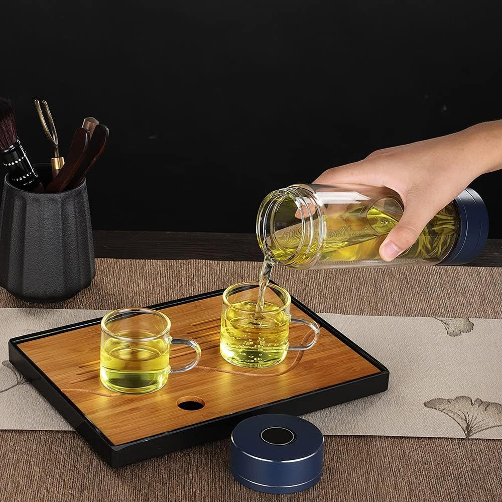Portable Double Walled Glass Vacuum Tea Infuser Bottle Set with 2 Glass Cups Leakproof Rotating Separation Anti-Scalding with Infuser for Loose Tea 15.2OZ/450ML Black