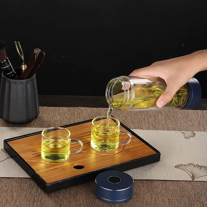 Portable Double Walled Glass Vacuum Tea Infuser Bottle Set with 2 Glass Cups Leakproof Rotating Separation Anti-Scalding with Infuser for Loose Tea 15.2OZ/450ML Black