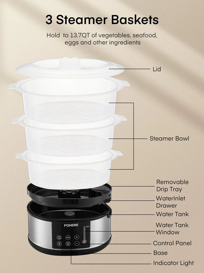 13QT Electric Cooking Steamer, with Delay Timer, 3-Tier Vegetable or Meat Food Steamer, 800W Fast Cooking