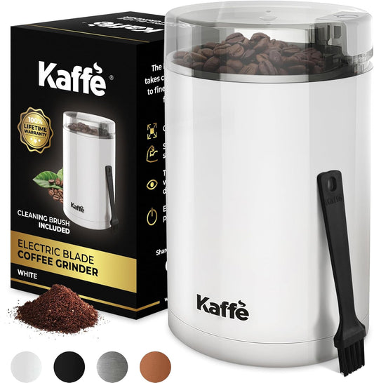Kaffe One-Touch Coffee Grinder Electric W/Cleaning Brush (3 Oz) - Coffee Grinders for Home Use - up to 12 Cups of Coffee per Grind - Easy On/Off Coffee Bean Grinder - White