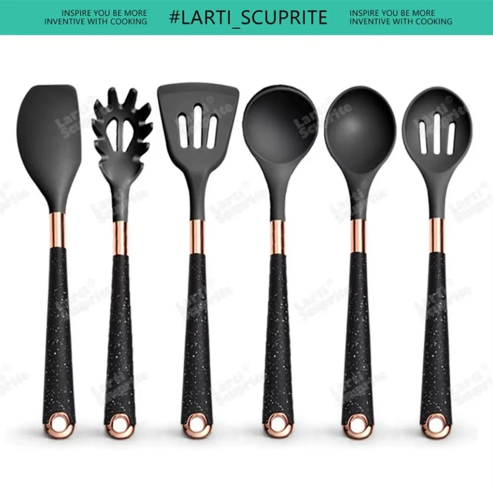 Gold Plated Handle Silicone Cooking Utensils Set Kitchen Non-Stick Tool Gadgets BPA FREE Kitchenware Heat Resistant Spatula Set