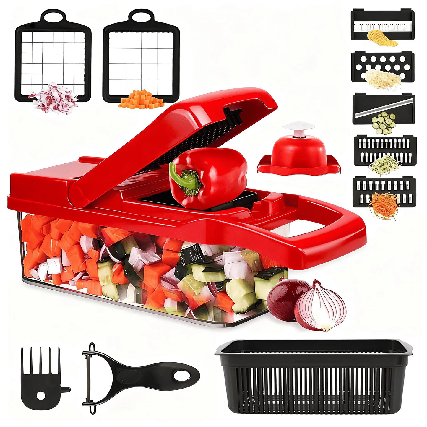 Vegetable Chopper Slicer Onion Dicer, Multi 22-In-1 Veggie Mandoline Food Cutter for Tomato Fruit with Lemon Squeezer, E-Recipe, 11 Blades, Egg Separator & Slicer, Container