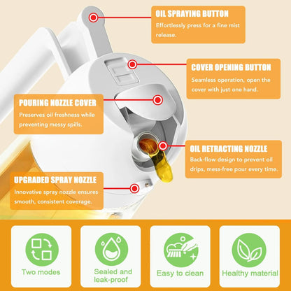 2 in 1 Oil Dispenser & Sprayer – 470Ml Olive Oil Dispenser Bottle with No-Drip Spout, Measurement Scale, Olive Oil Spray Bottle for Cooking, BBQ, Air Fryer & Kitchen Essentials, White