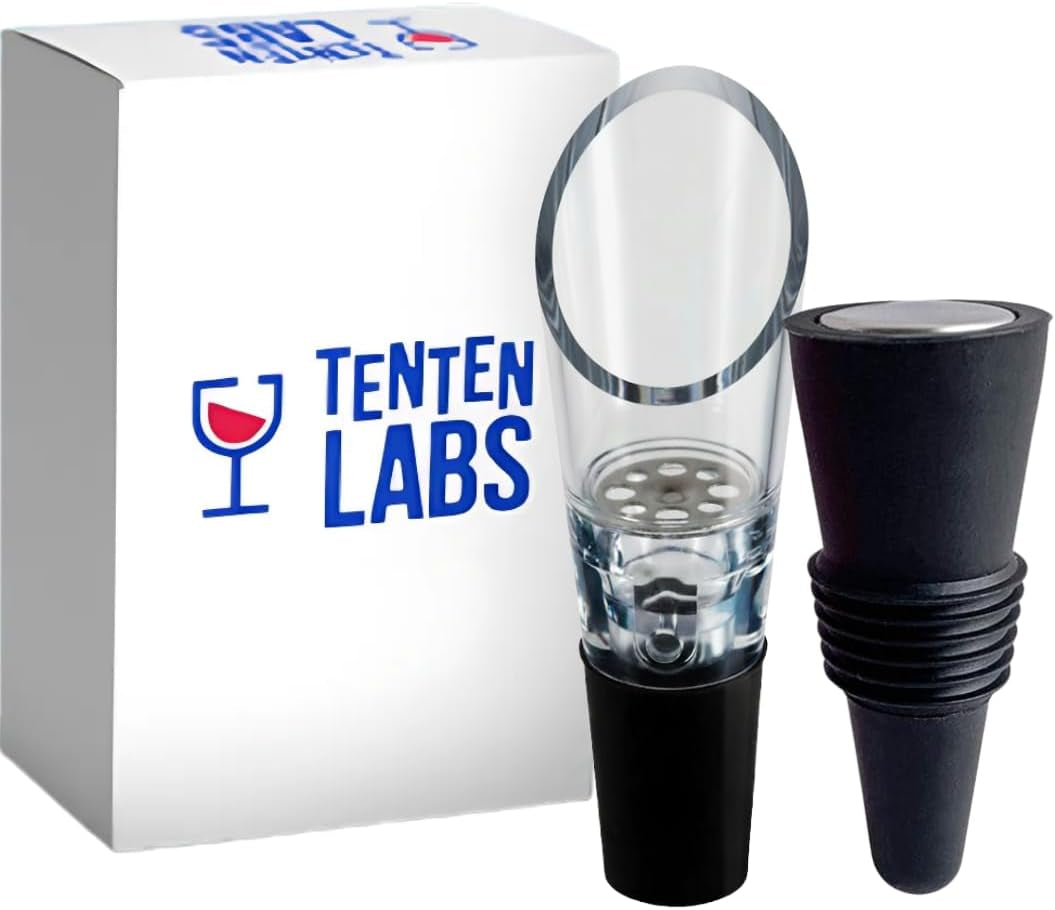Wine Aerator Pourer and Wine Stopper (2-Pack) - Wine Saver - Wine Aerator and Re-Corker - Gift Box Included (Black)