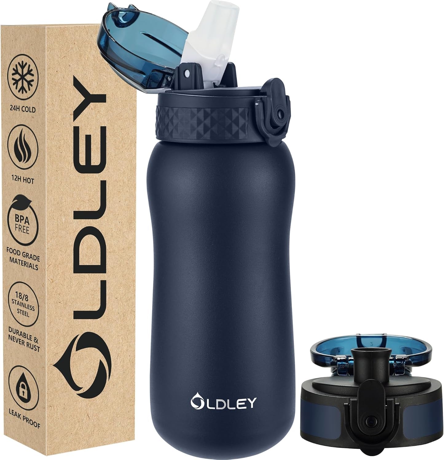 Insulated Water Bottle 12Oz Water Bottles with Straw, Stainless Steel Water Bottle with 2 Lids, Double Wall Vacuum Bottels for Adults Kids, Leak-Proof Sport Bottles for School Travel, Black