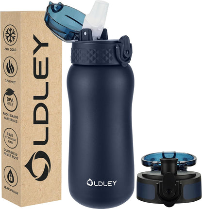 Insulated Water Bottle 12Oz Water Bottles with Straw, Stainless Steel Water Bottle with 2 Lids, Double Wall Vacuum Bottels for Adults Kids, Leak-Proof Sport Bottles for School Travel, Black