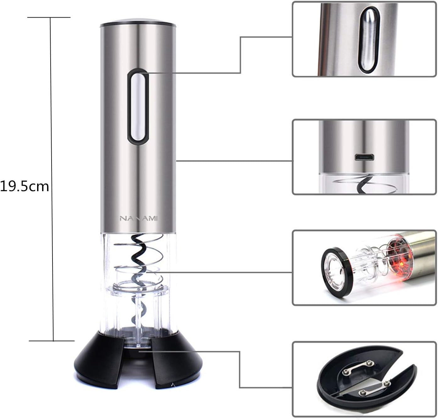 Electric Wine Opener, Automatic Electric Wine Bottle Corkscrew Opener with Foil Cutter, Stainless Steel Rechargeable Opener with Cutter for Home, Restaurant, Waiters, Bartenders and as Gift