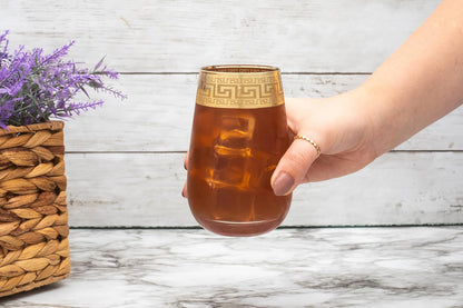 Vintage Glassware Set - 64 Oz Glass Pitcher with Handle and 6 Highball Drinking Glasses 11 Oz - Durable, Thick Glass - Gold Band Rim Design - Perfect for Gifting or Hosting Essentials