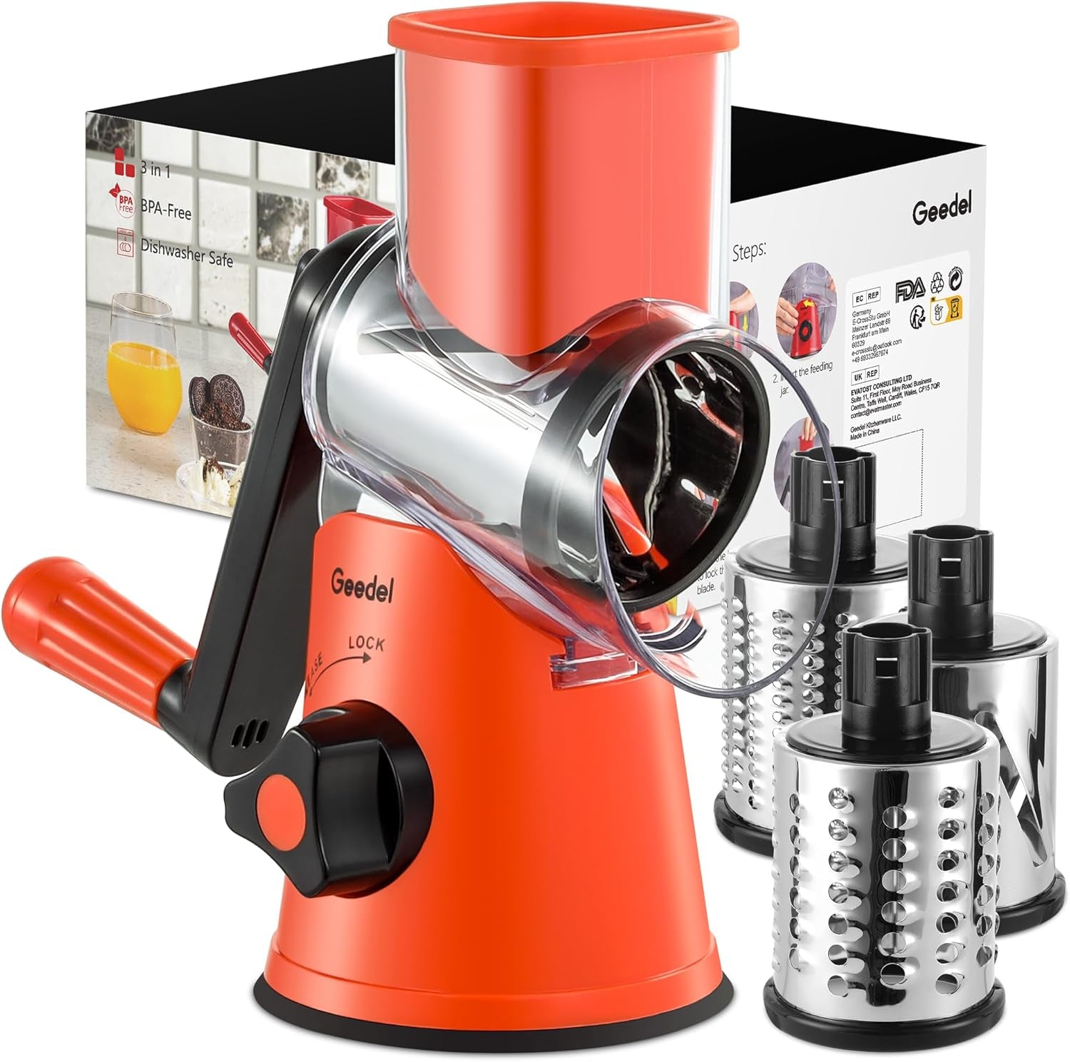 Rotary Cheese Grater, Kitchen Mandoline Vegetable Slicer with 3 Interchangeable Blades, Easy to Clean Rotary Grater Slicer for Cheese, Vegetables, Nuts