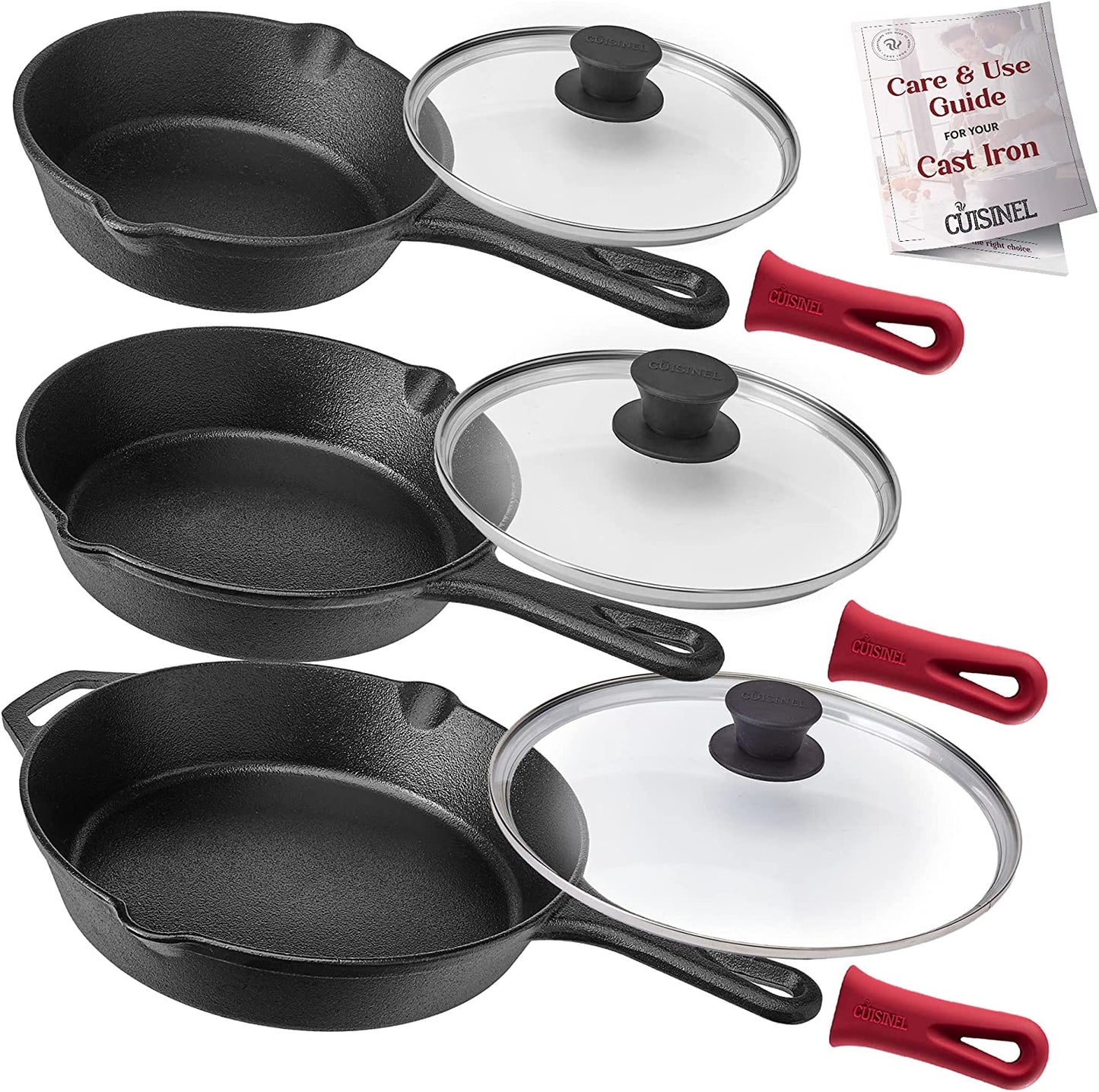 Cast Iron Skillet Set - 10" + 12" Frying Pan + Glass Lids + 2 Handle Cover Grips - Pre-Seasoned Oven Cookware - Indoor/Outdoor Use - Grill, Stovetop, Induction, BBQ, Camping, Fire Use