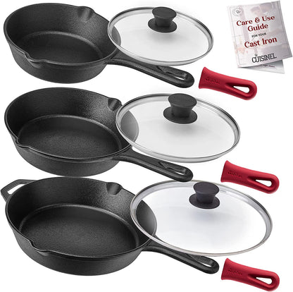 Cast Iron Skillet Set - 10" + 12" Frying Pan + Glass Lids + 2 Handle Cover Grips - Pre-Seasoned Oven Cookware - Indoor/Outdoor Use - Grill, Stovetop, Induction, BBQ, Camping, Fire Use