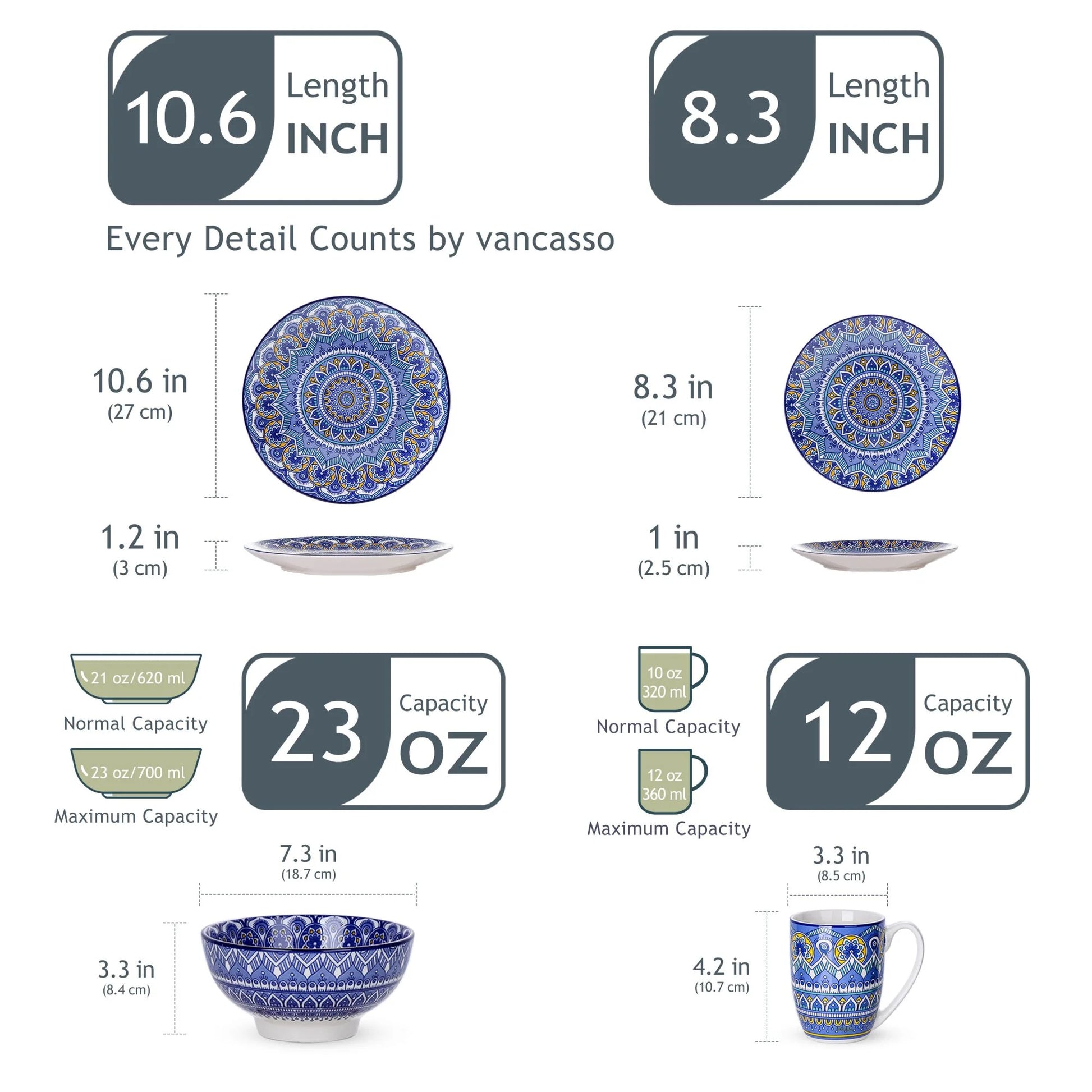 , 16 Piece Porcelain Dinnerware Set, Boho Blue Dinner Set, Service for 4