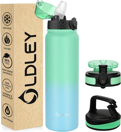 Insulated Water Bottle 12Oz Water Bottles with Straw, Stainless Steel Water Bottle with 2 Lids, Double Wall Vacuum Bottels for Adults Kids, Leak-Proof Sport Bottles for School Travel, Black