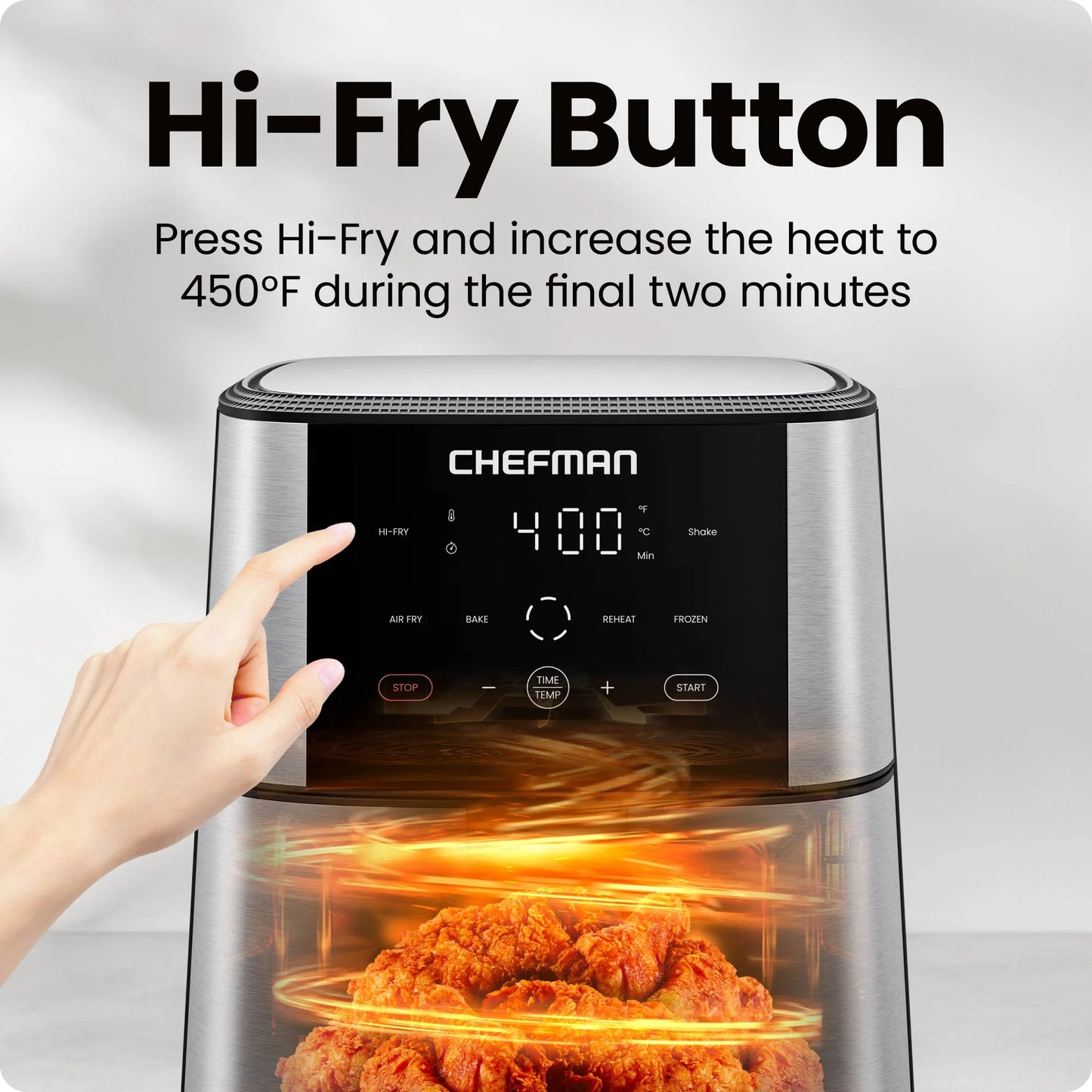 6 Qt. Air Fryer 4 Functions W/ Touch Controls, HI-FRY Button, Stainless Steel