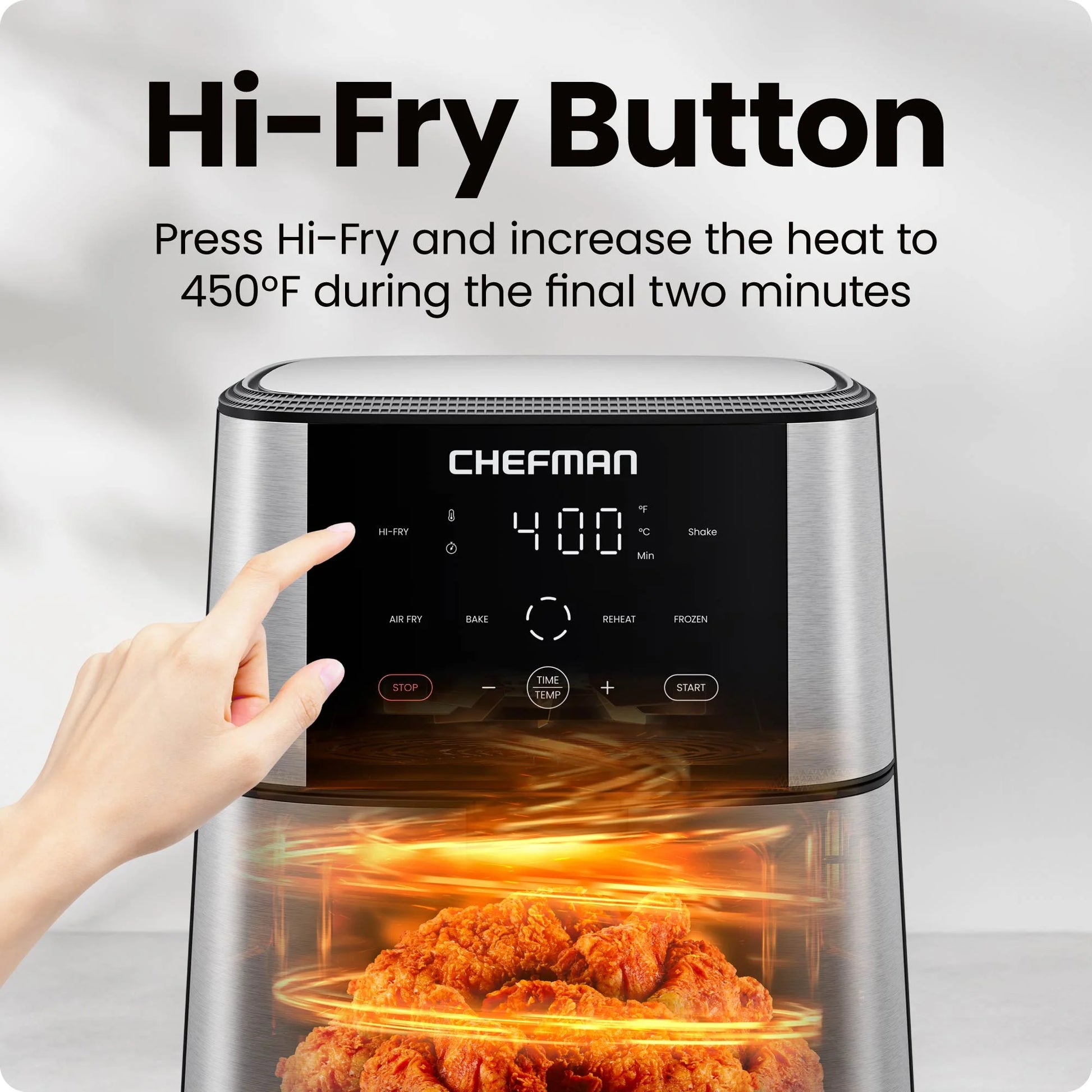 6 Qt. Air Fryer 4 Functions W/ Touch Controls, HI-FRY Button, Stainless Steel