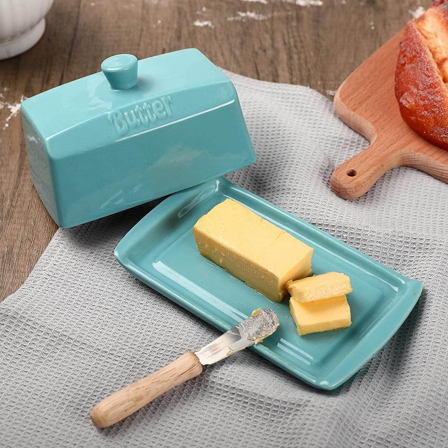 Ceramic Butter Dishes with Lid, Large Butter Keeper Rectangle Butter Container with Handle, Porcelain Butter Holder for East/West Butter