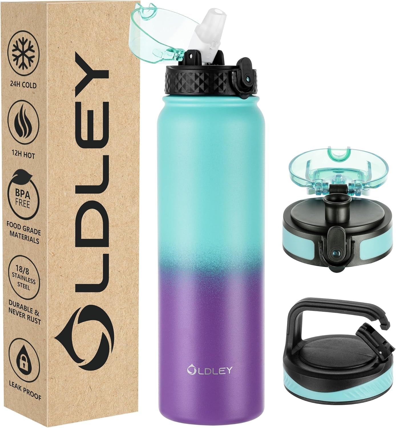 Insulated Water Bottle 12Oz Water Bottles with Straw, Stainless Steel Water Bottle with 2 Lids, Double Wall Vacuum Bottels for Adults Kids, Leak-Proof Sport Bottles for School Travel, Black