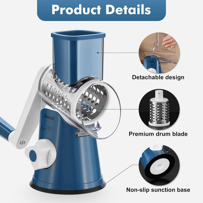 Rotary Cheese Grater, Kitchen Mandoline Vegetable Slicer with 3 Interchangeable Blades, Easy to Clean Rotary Grater Slicer for Cheese, Vegetables, Nuts