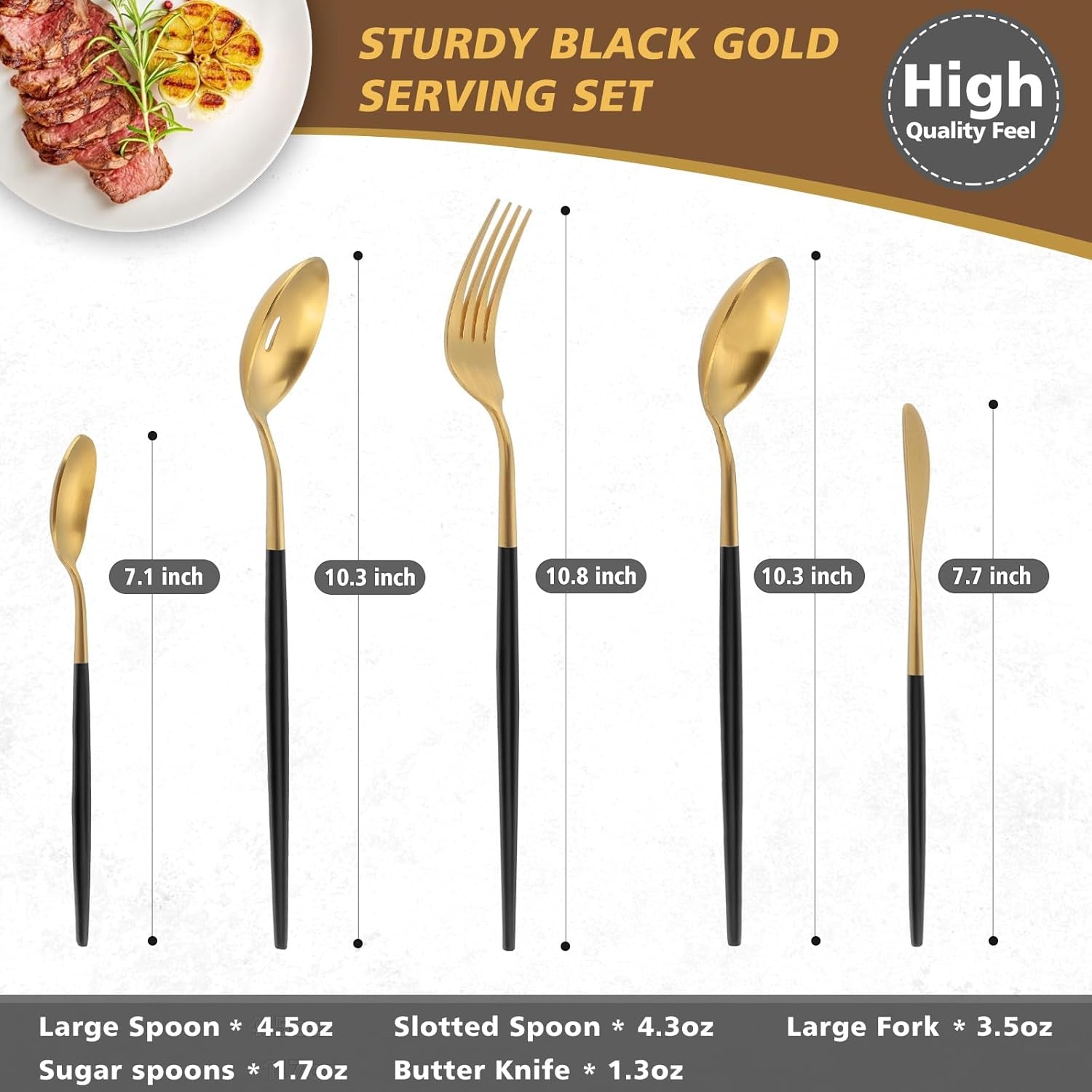 Serving Utensils,Matte Black Gold Kitchen Utensils Set,5 PCS Stainless Steel Serving Utensils Set Include Serving Fork,Slotted Spoon,Serving Spoon,Butter Knife,Sugar Spoon,Dishwasher Safe