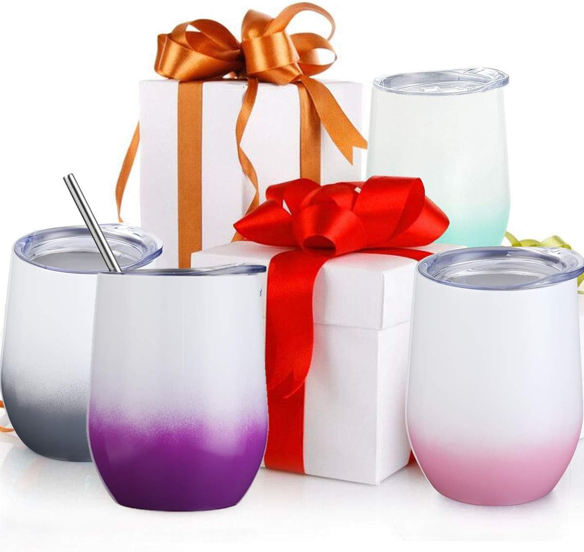 6 Pack 12 Oz Stainless Steel Stemless Wine Glass Tumbler Double Wall Vacuum Insulated Bulk Wine Tumbler with Lids Set of 6,Gift Pack for Coffee, Wine, Cocktails, Ice Cream (6_Mix_Color3)