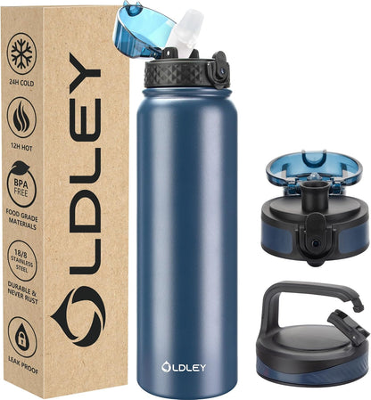 Insulated Water Bottle 12Oz Water Bottles with Straw, Stainless Steel Water Bottle with 2 Lids, Double Wall Vacuum Bottels for Adults Kids, Leak-Proof Sport Bottles for School Travel, Black