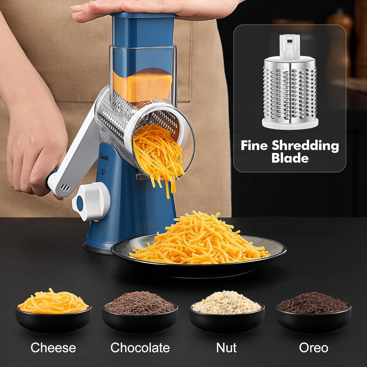 Rotary Cheese Grater, Kitchen Mandoline Vegetable Slicer with 3 Interchangeable Blades, Easy to Clean Rotary Grater Slicer for Cheese, Vegetables, Nuts