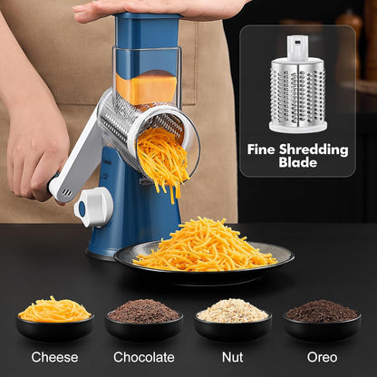 Rotary Cheese Grater, Kitchen Mandoline Vegetable Slicer with 3 Interchangeable Blades, Easy to Clean Rotary Grater Slicer for Cheese, Vegetables, Nuts