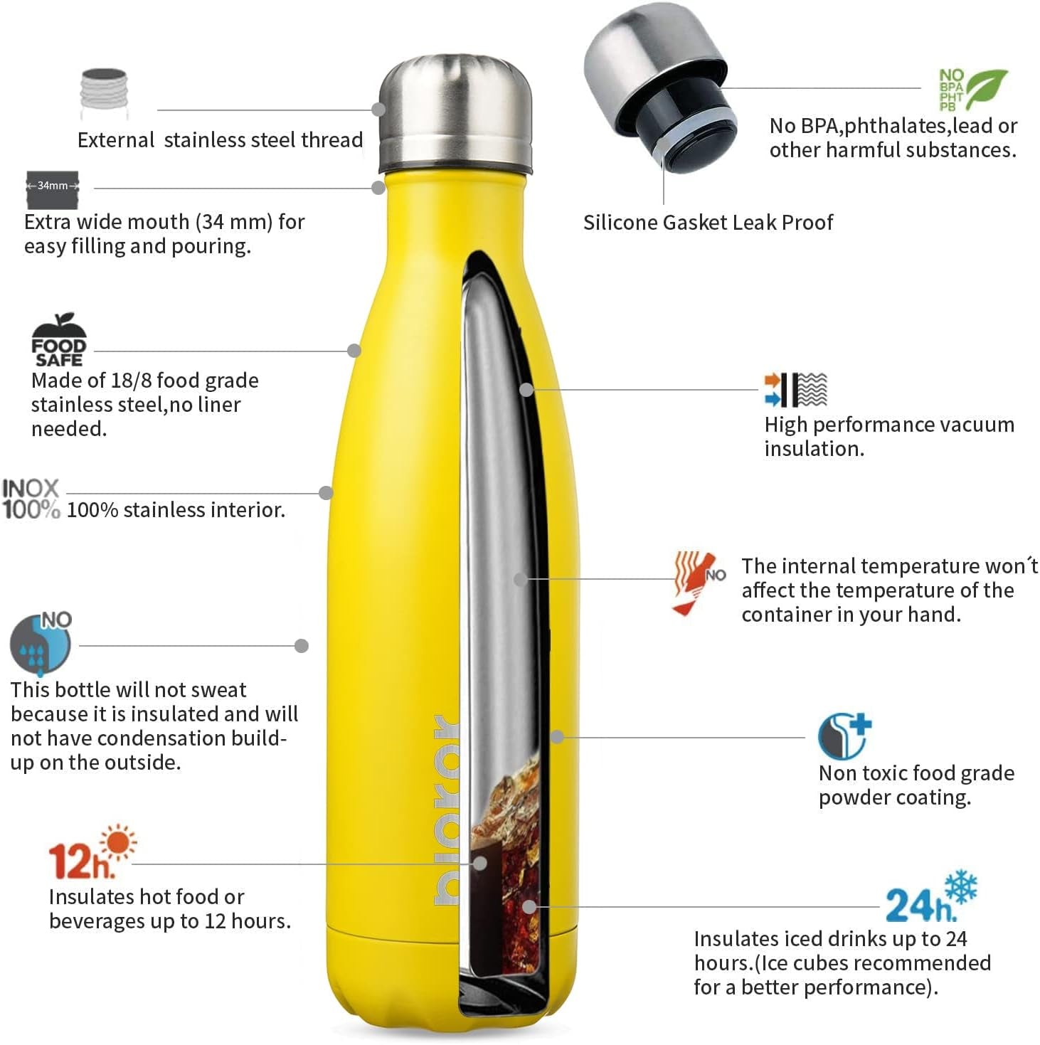 17Oz Insulated Stainless Steel Water Bottles,Sports Water Bottles Keep Cold for 24 Hours and Hot for 12 Hours,Bpa Free for Travel,Goldenrod