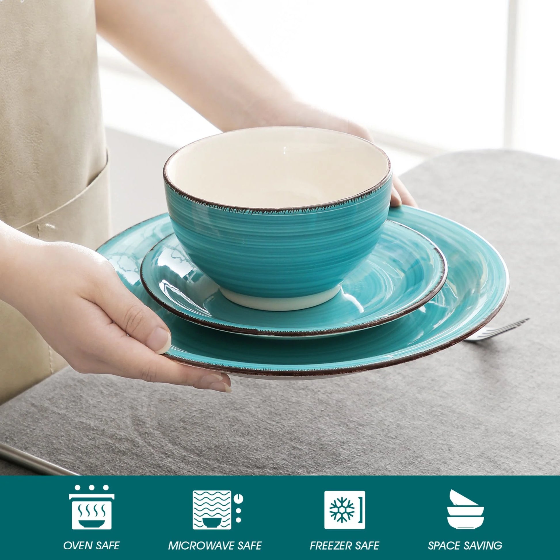 , Series Bella, 32 Piece Stoneware Dinnerware Set, Turquoise Dinner Set, Service for 8